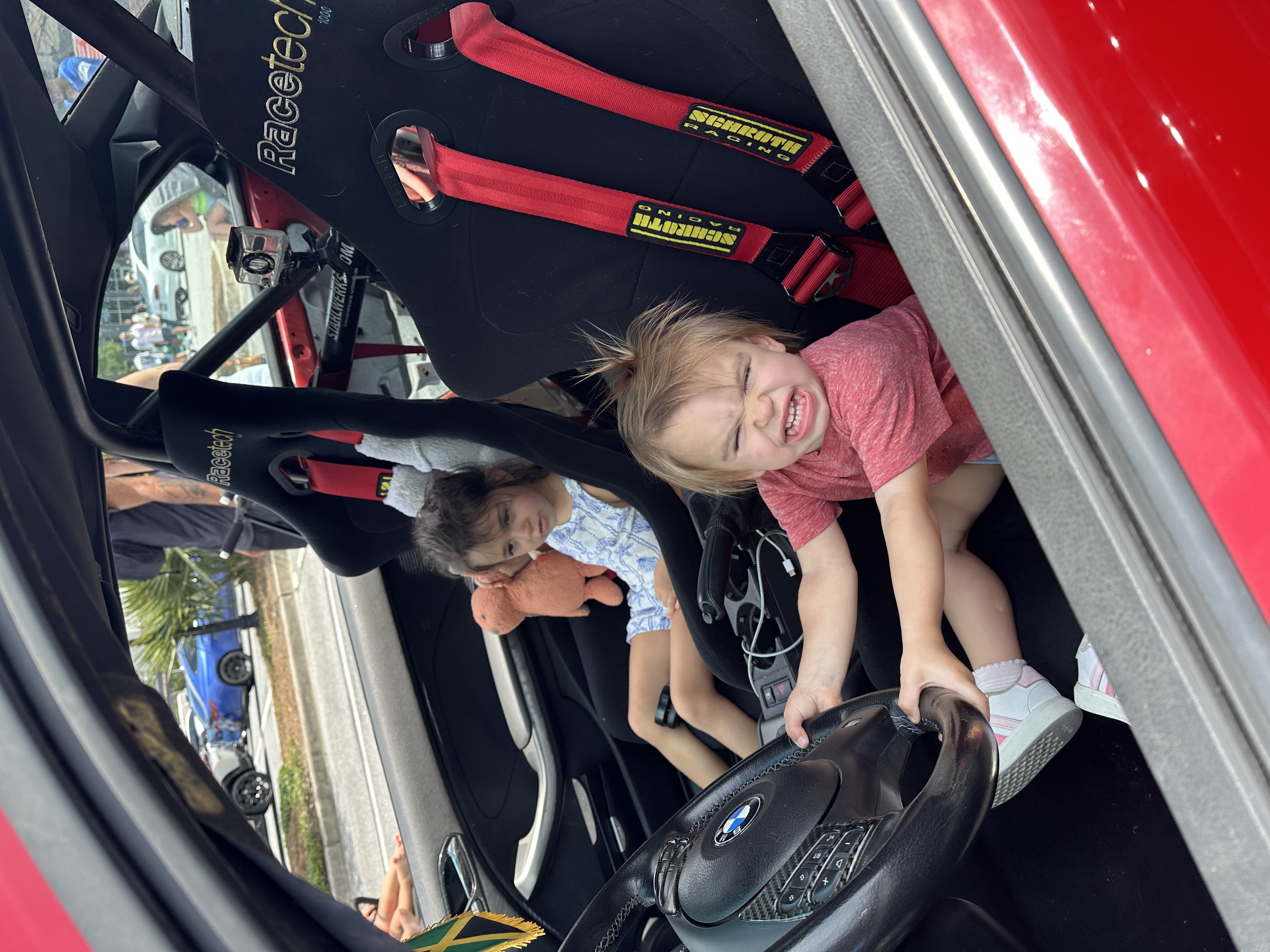Camilla and Mia, race car ready